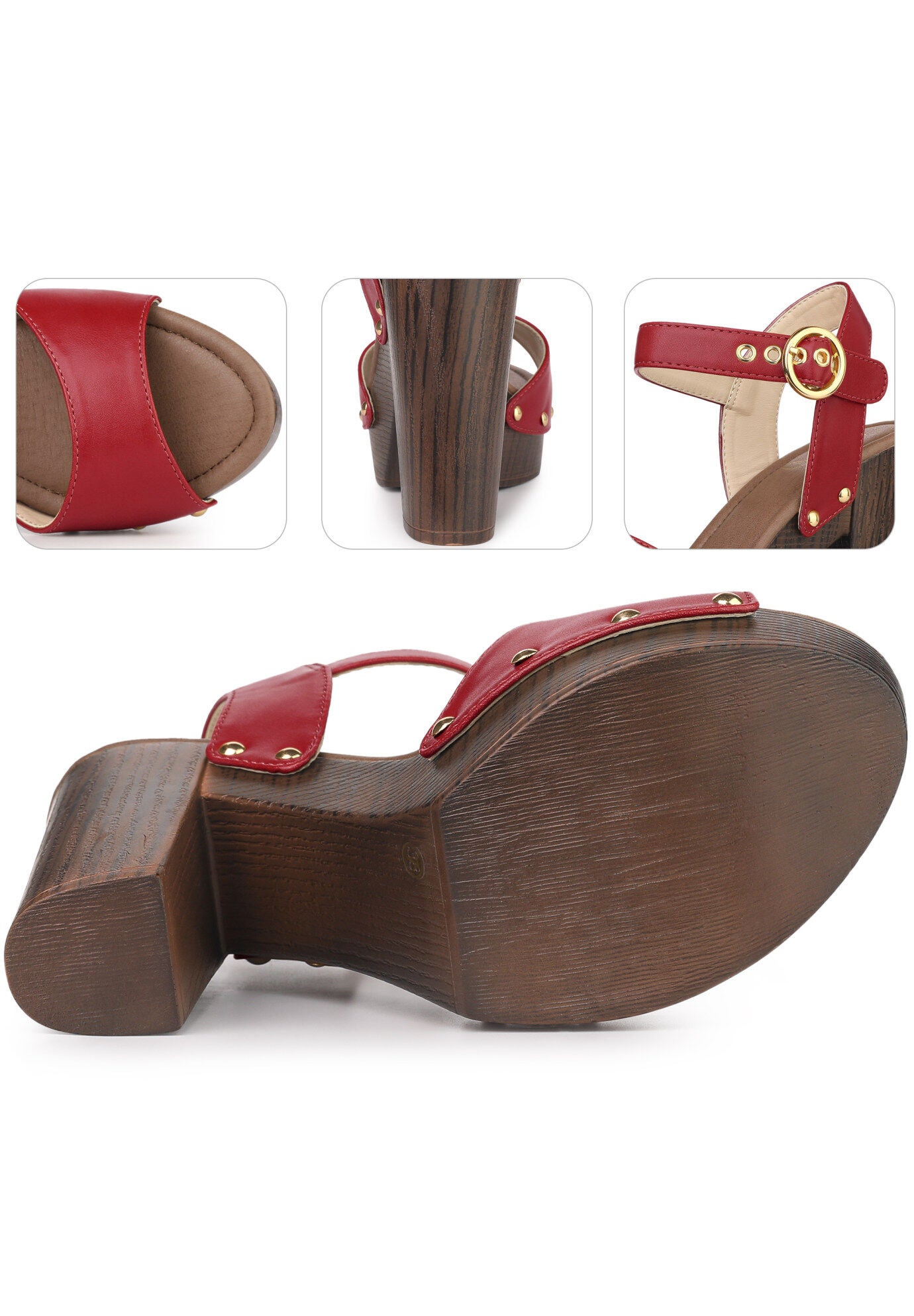 Platform Heels Slingback Chunky High Heel Sandals, Red / Red, alternate image number 2