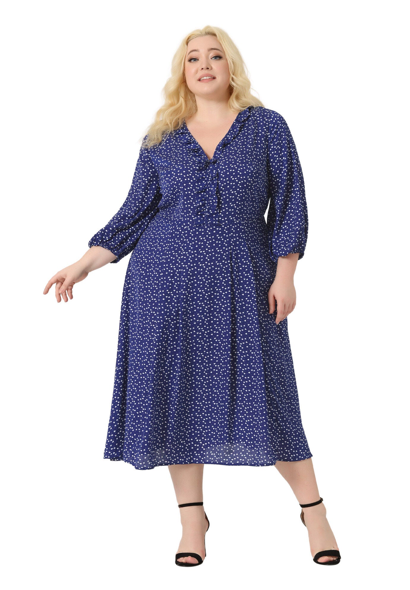 3/4 Sleeve Sweetheart Print Midi Ruffle Dress, Blue / Chambray Denim Medium, hi-res image number 0