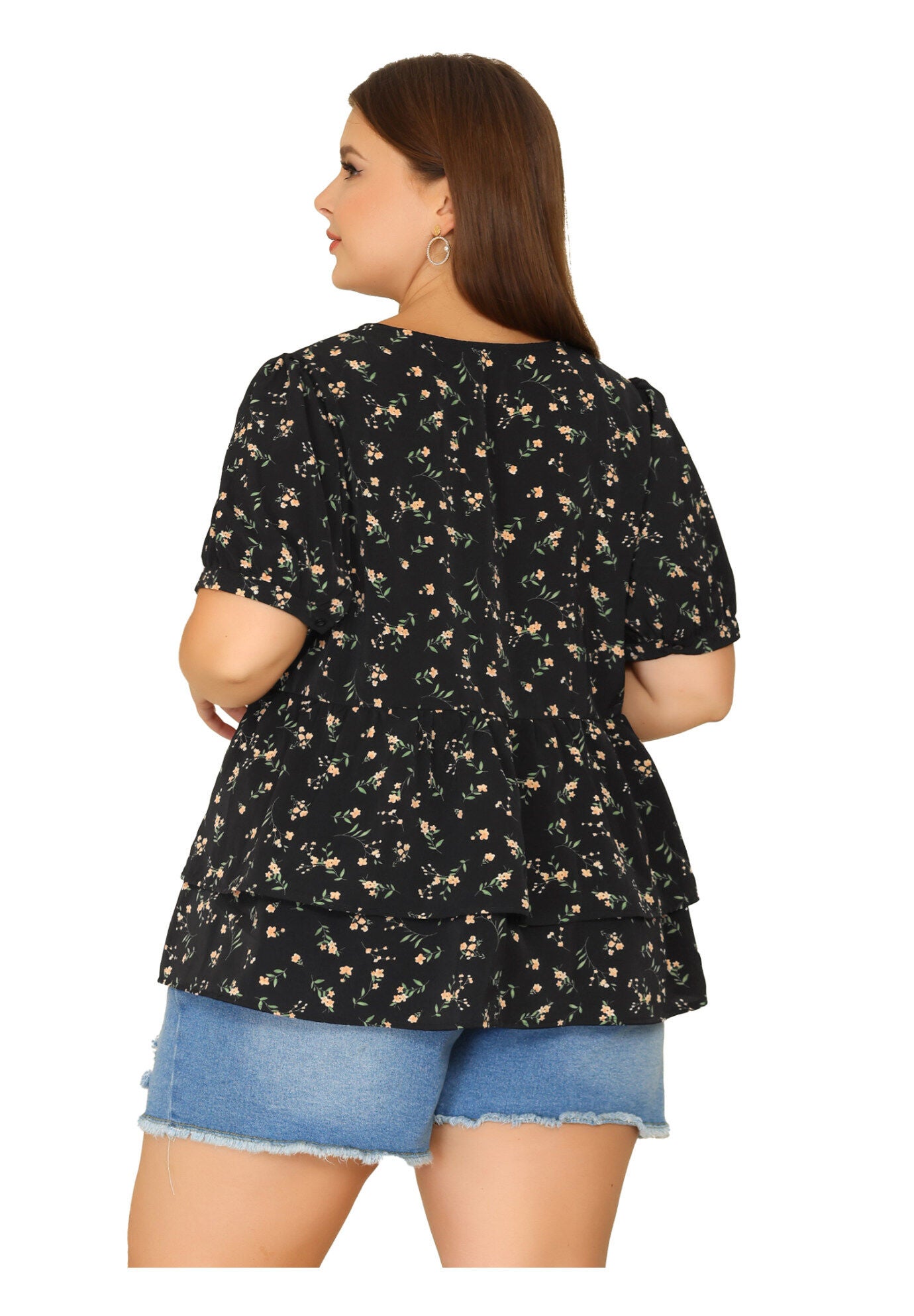 V Neck Short Sleeve Layered Peplum Top Summer Floral Blouse, Black / Black, alternate image number 3