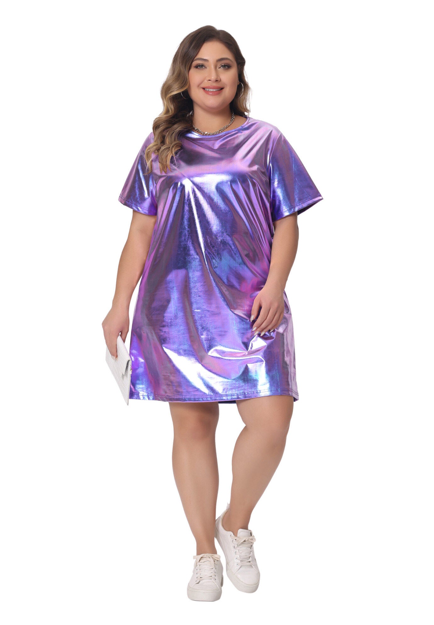 Metallic Round Neck Short Sleeve Loose Mini T-Shirt Dress, Purple / Purple, hi-res image number 0