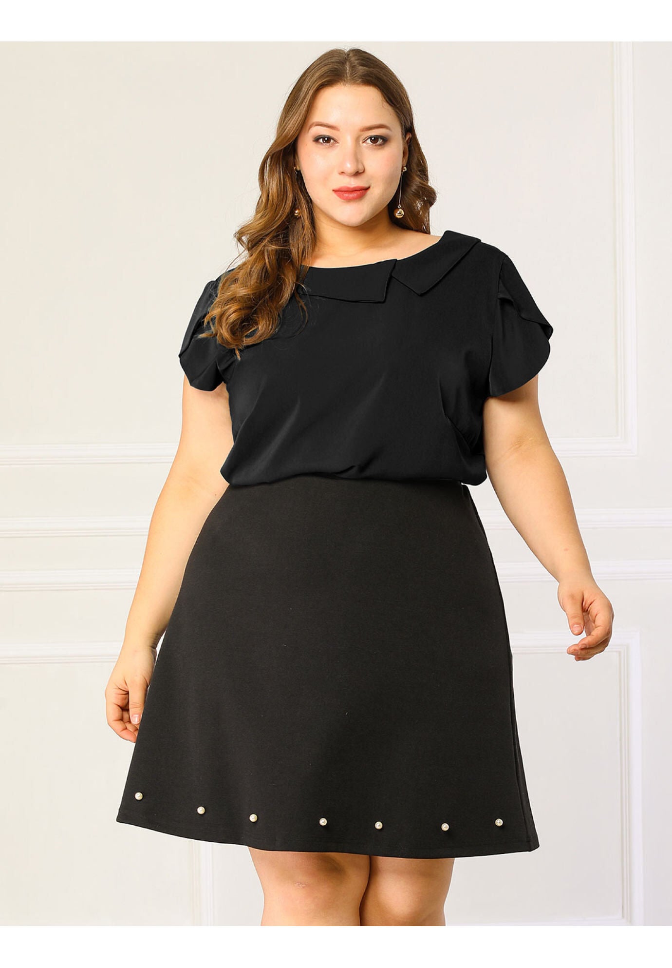 BOAT NECK FLUTTER SLEEVE CHIFFON TOP, Black / Black, alternate image number 1