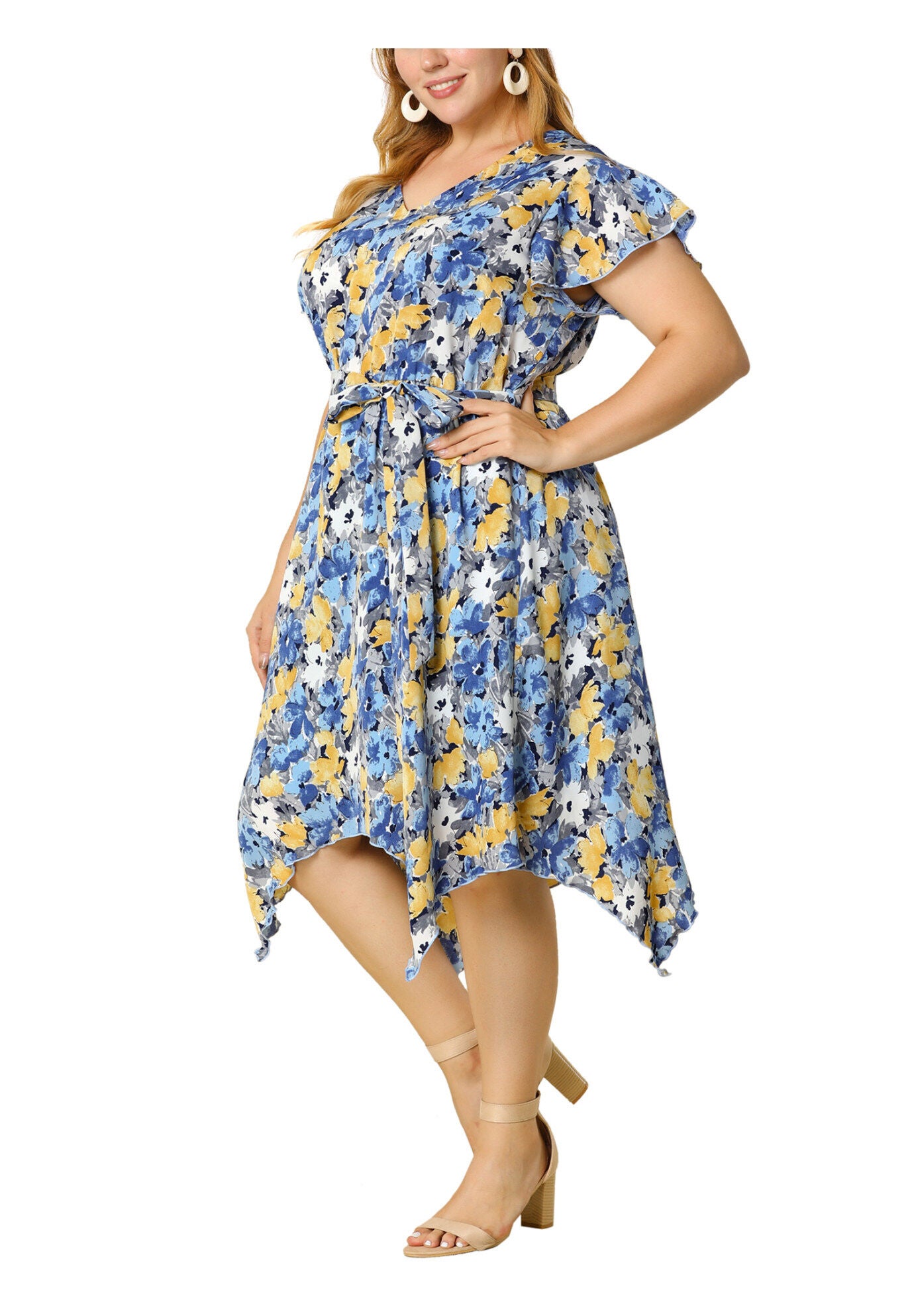 Ruffle Asymmetric High Low Midi Floral Dress, Blue / Light Blue, alternate image number 2