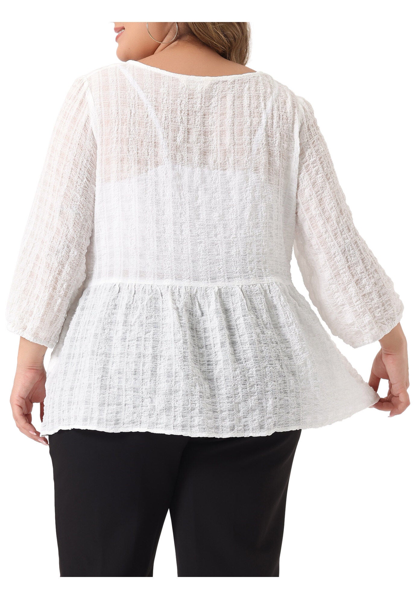 Babydoll Blouse Round Neck 3/4 Puff Sleeve Tiered Peplum Top, White / White, alternate image number 4