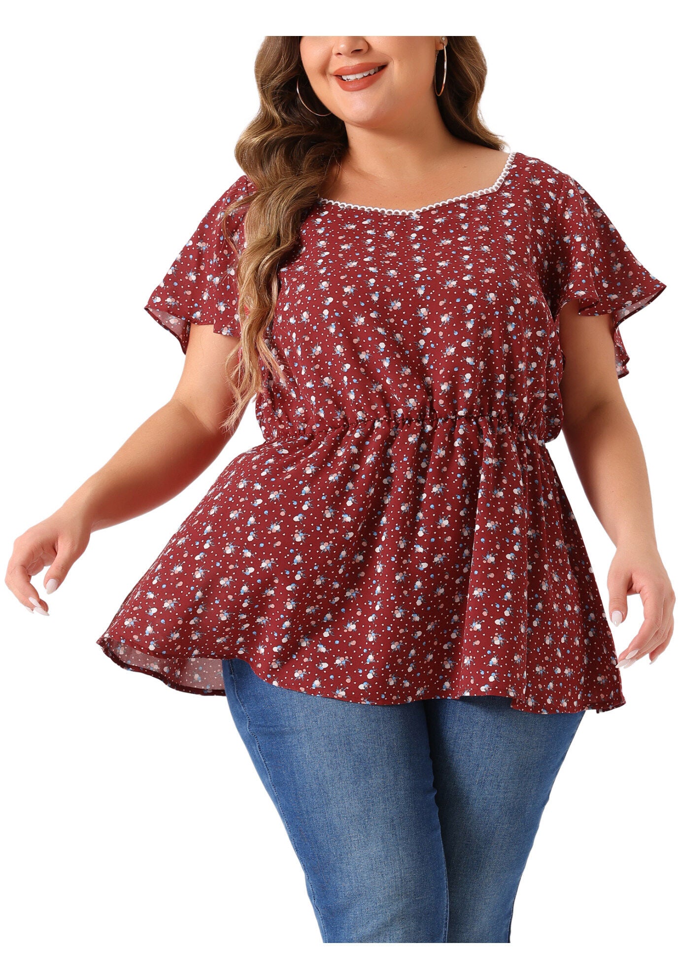 Peplum Top Flare Short Sleeve Sweetheart Neck Summer Floral Blouse, Red / Red, alternate image number 2