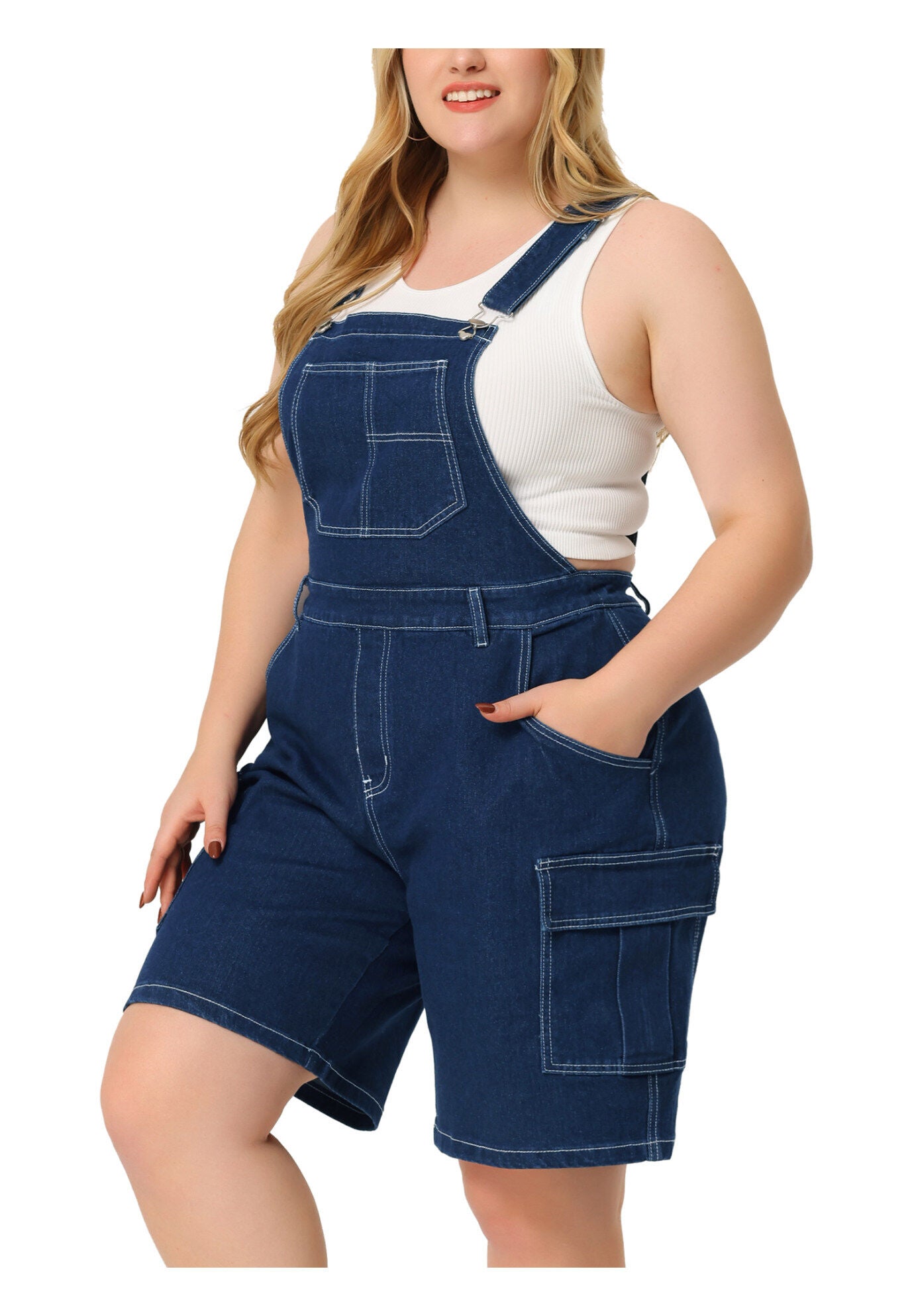 ADJUSTABLE STRAP BIB CARGO POCKET JEAN DENIM OVERALL SHORTS, Dark Blue / Navy, alternate image number 2