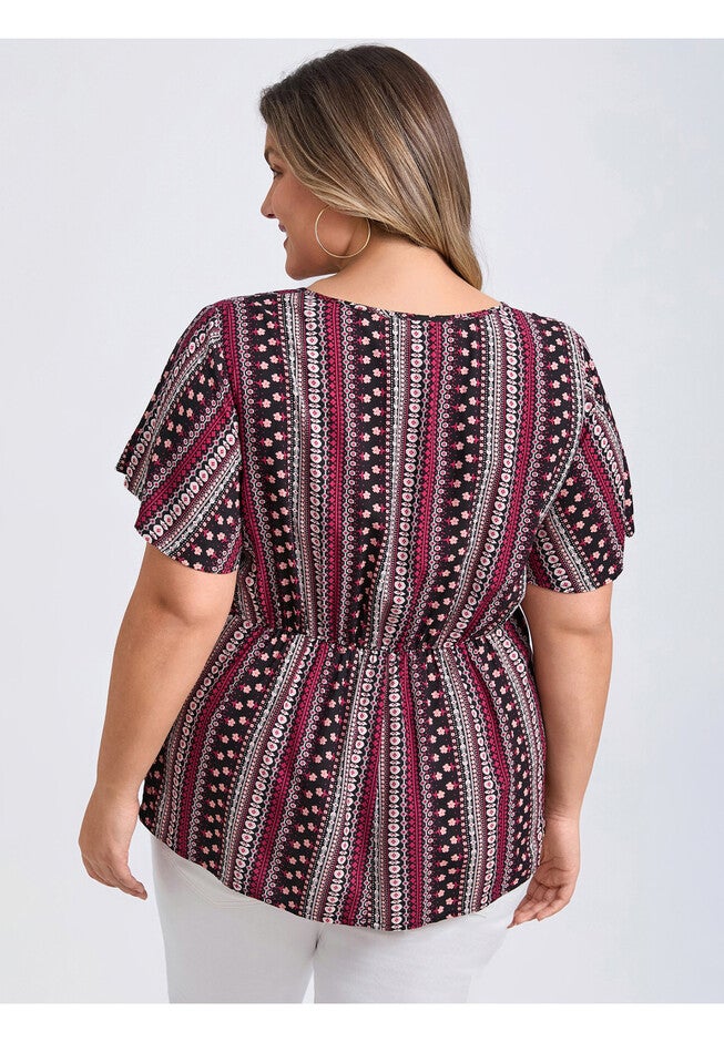 Boho Floral Print Drawstring Collar Blouse, Plum Purple / Purple, alternate image number 2