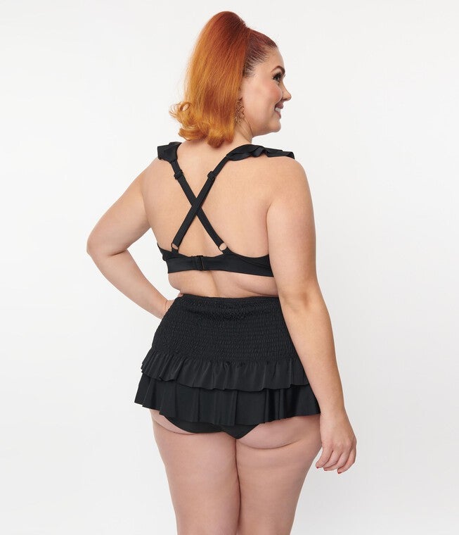 Unique Vintage Plus Size Black Ruffle Swim Top, , alternate image number null