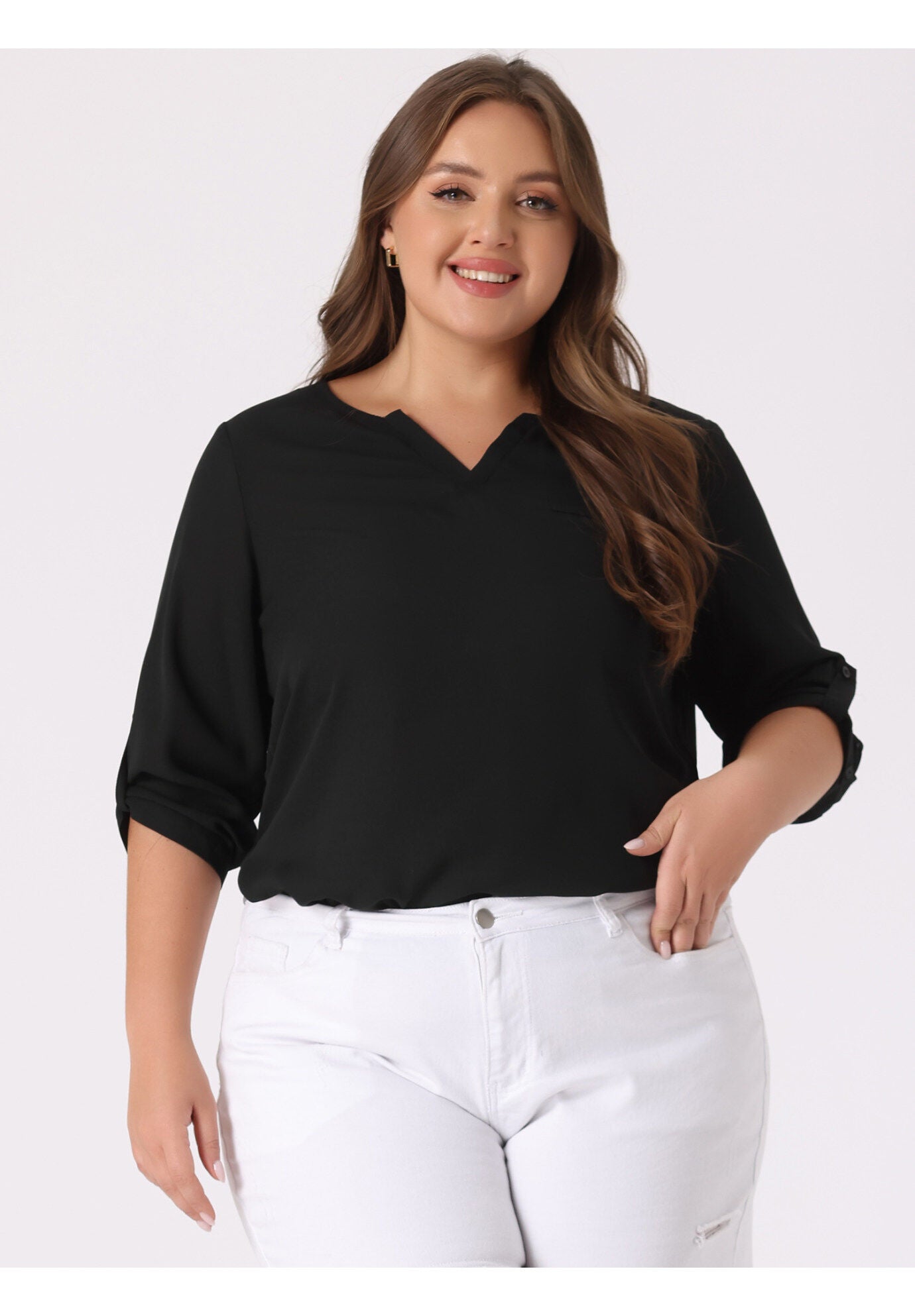 3/4 Sleeve Sheer Flowy Summer Split V Neck Blouse, Black / Black, alternate image number 1