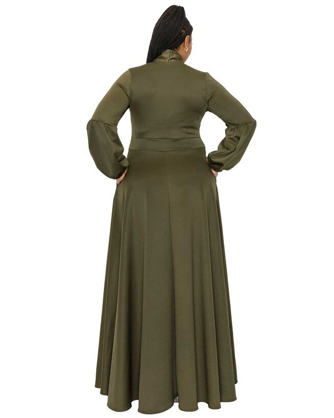 Bella Donna Dress with Ribbon and Bishop Sleeves, Olive / Olive Green, alternate image number null