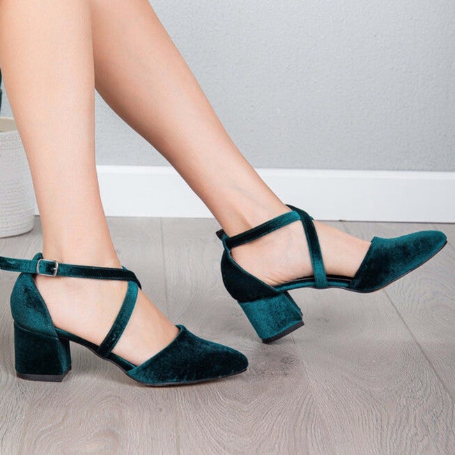 DOLLY - EMERALD GREEN VELVET HEELS, EMERALD GREEN / Forest Green, alternate image number 1