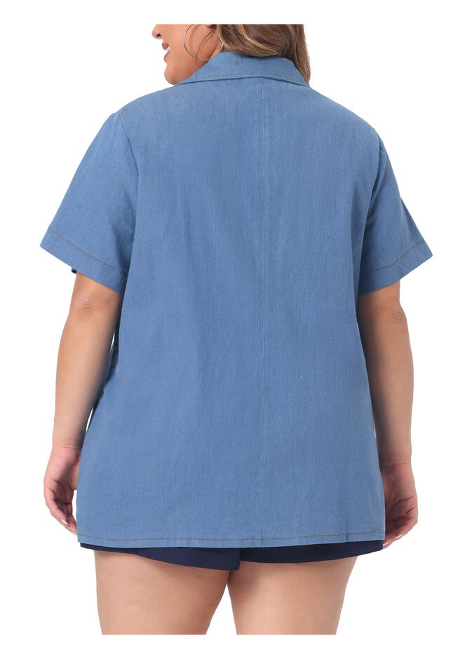 Front Lapel Short Sleeve Button Down Chambray Denim Shirt, Sky Blue / Light Blue, alternate image number 3
