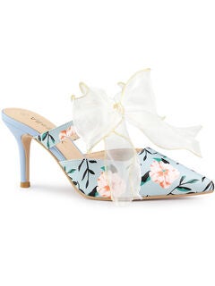 Pointed Toe Lace Bow Stiletto Heels Floral Mules