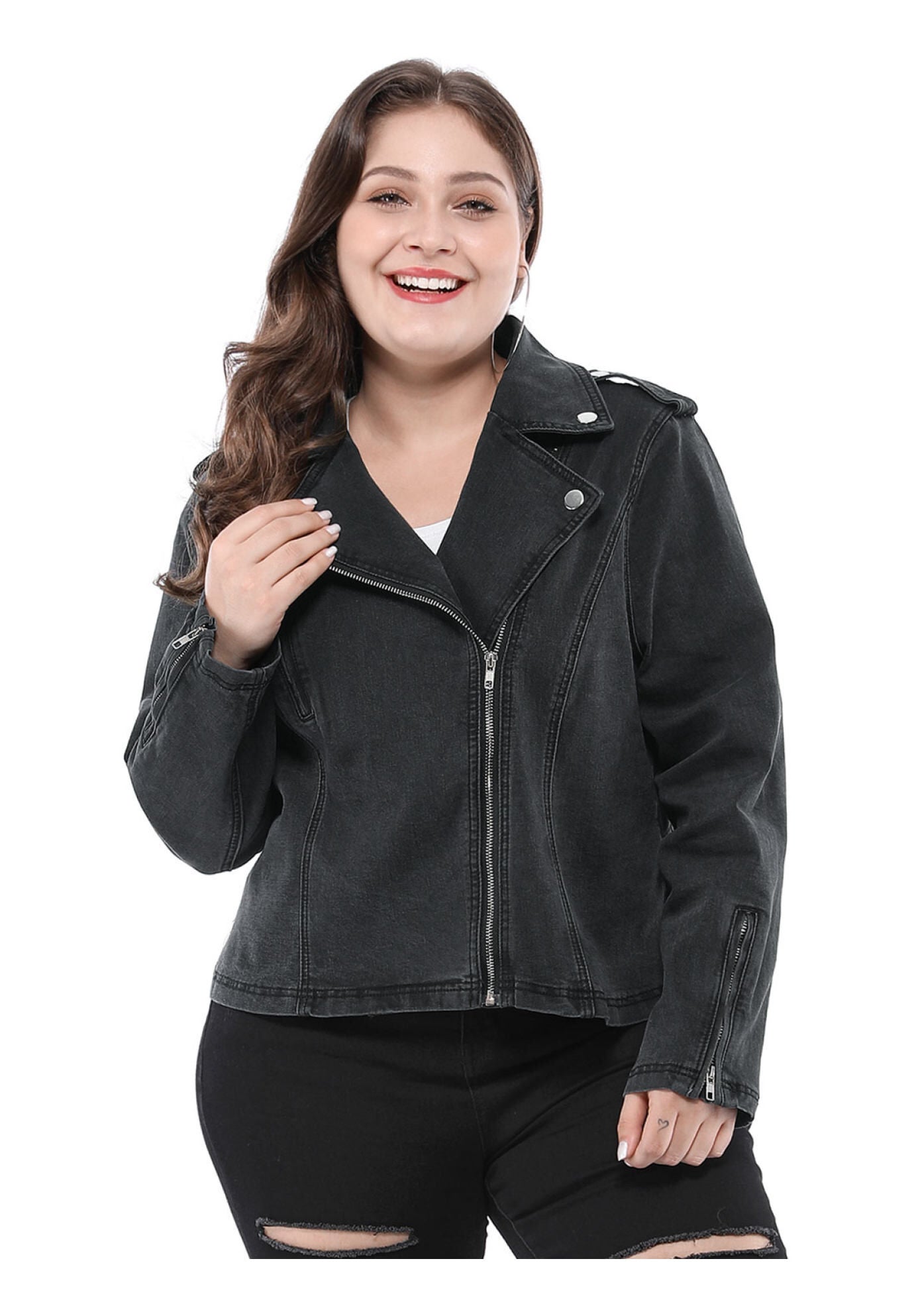 COLLAR INCLINED ZIP CLOSURE DENIM BIKER MOTO JACKET, Black / Black, hi-res image number 0