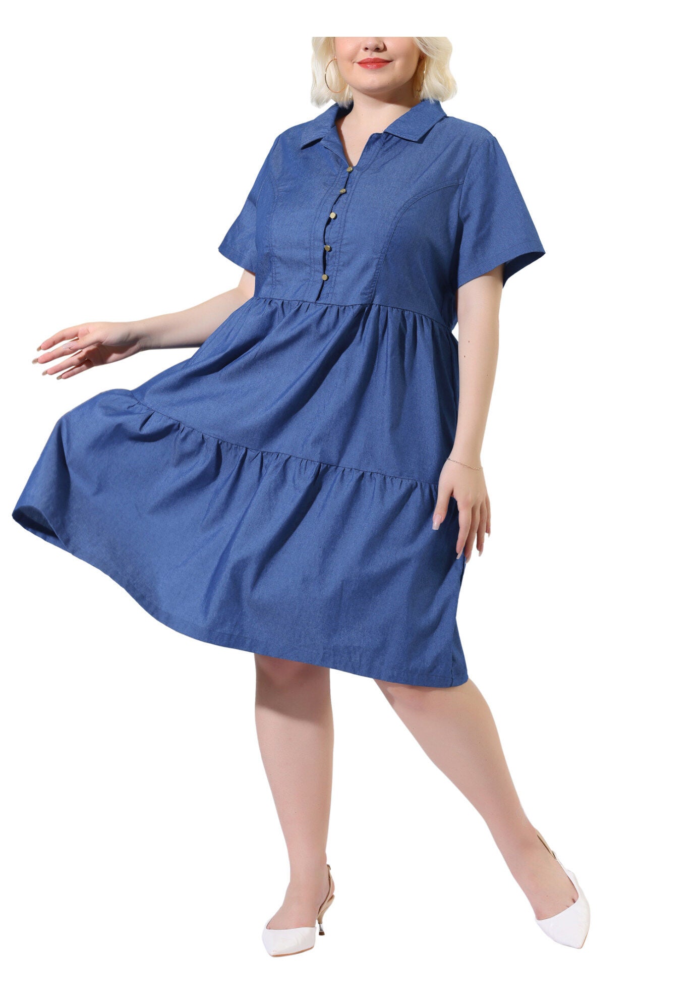 Short Sleeve Button Down Flowy Tiered Shirt Chambray Dress, Light Blue / Light Blue, alternate image number 1