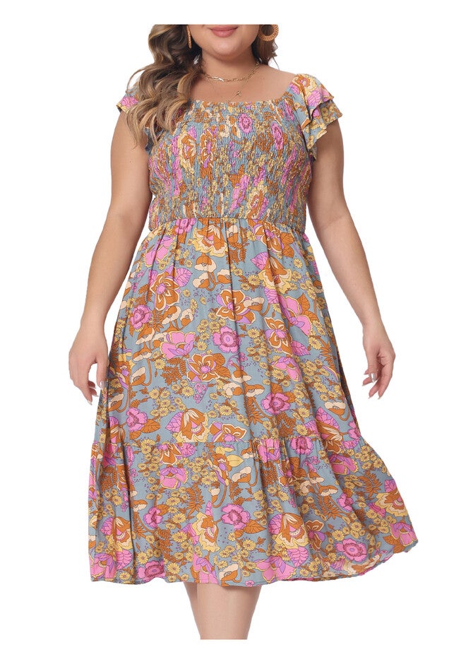 Square Neck Flutter Sleeve Smocked High Waist Flowy Summer Midi Dress, Grey Green / Dusty Blue, alternate image number 2