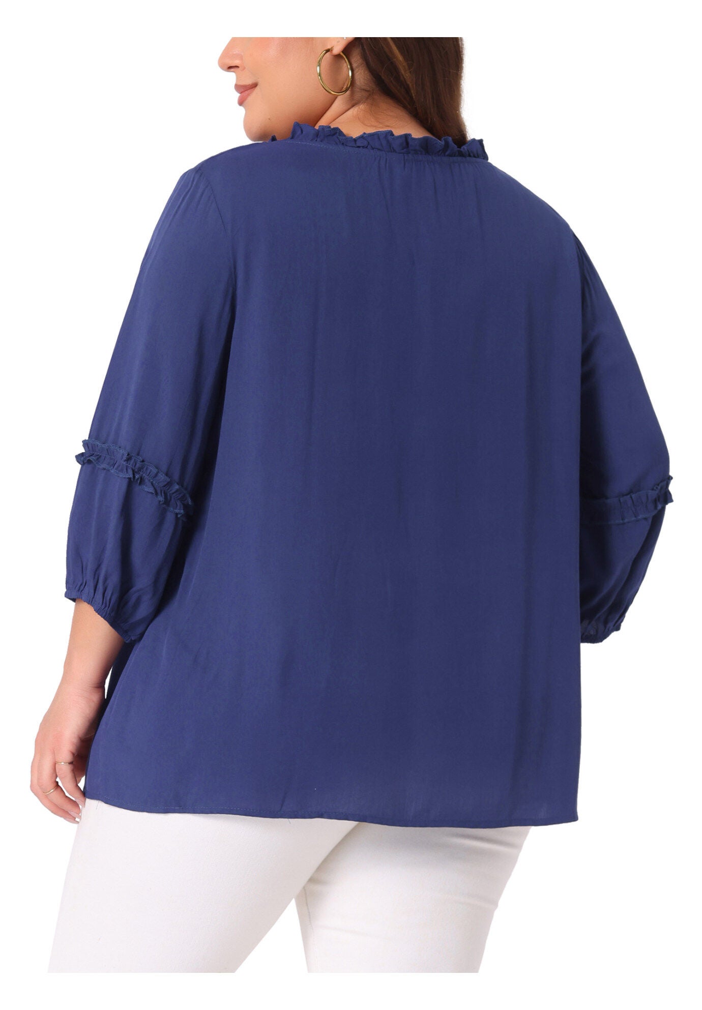 TIE NECK TASSEL SELF FLUTTER 3/4 SLEEVE BLOUSE TOP, Navy Blue / Navy, alternate image number 3