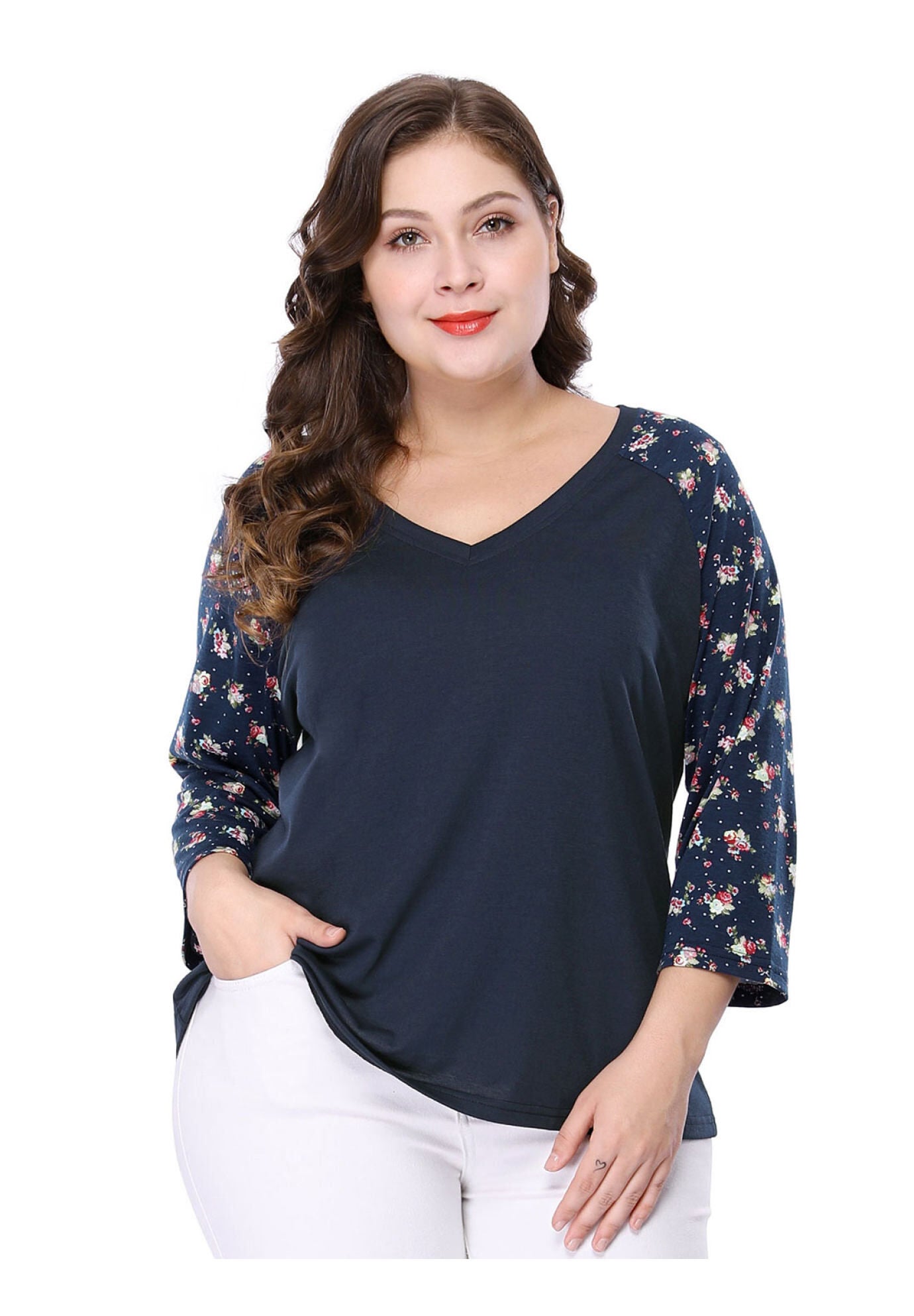 Casual V Neck 3/4 Sleeve Floral Raglan Top, Blue / Navy, alternate image number 4