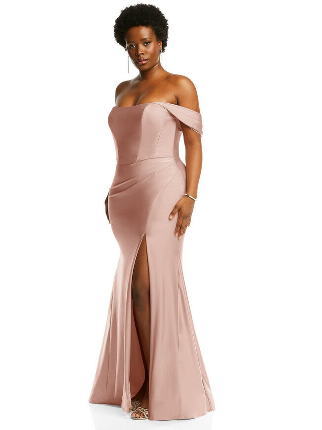 Off-the-Shoulder Corset Stretch Satin Mermaid Dress with Slight Train, Toasted Sugar / Mauve, alternate image number null