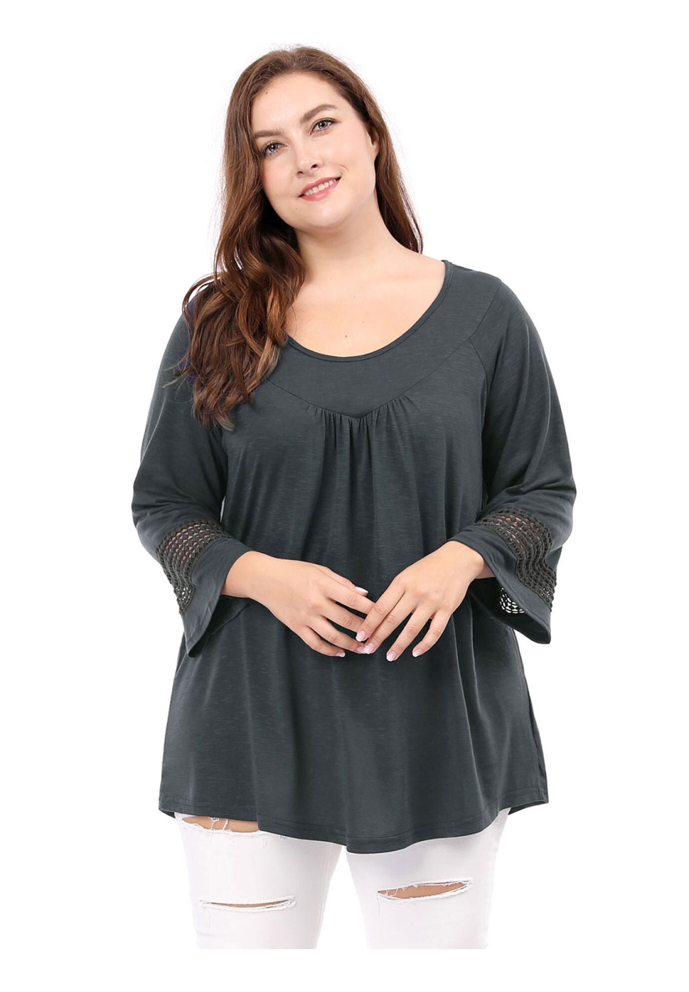 CROCHET PANEL HOLLOW OUT PLEATED TUNICS BLOUSE TOP, Dark Grey / Charcoal Grey, hi-res image number 0