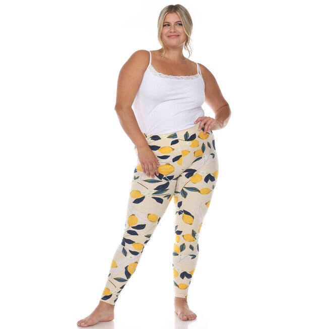 Super Soft Tropical Printed Leggings, Beige Lemon / Yellow, alternate image number null