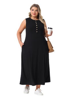 Summer Sleeveless Button A Line Tank Maxi Dress with Pockets