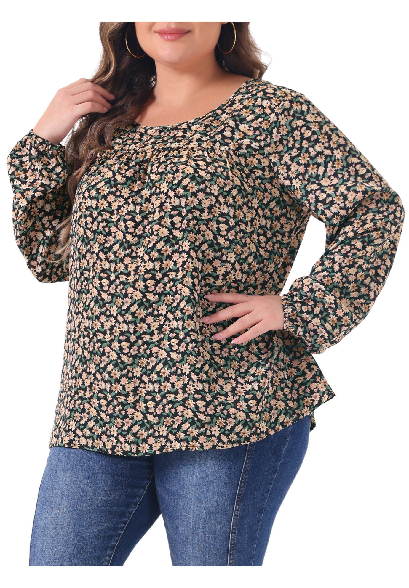 Long Sleeve Floral Print Casual Shirt Blouse Top, Black Beige / Beige, alternate image number 2