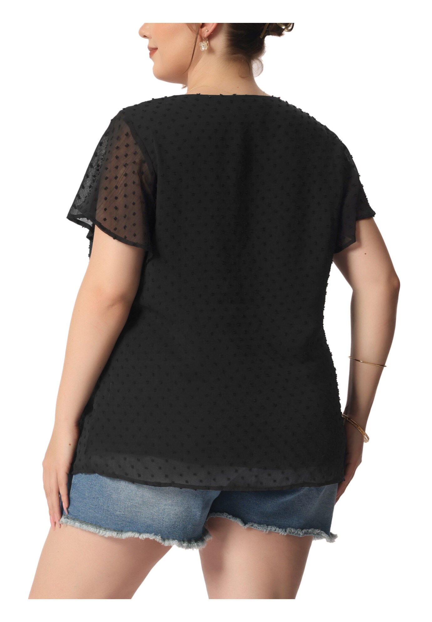 Swiss Dots Blouse V Neck Summer Short Sleeve Casual Top, Black / Black, alternate image number 3