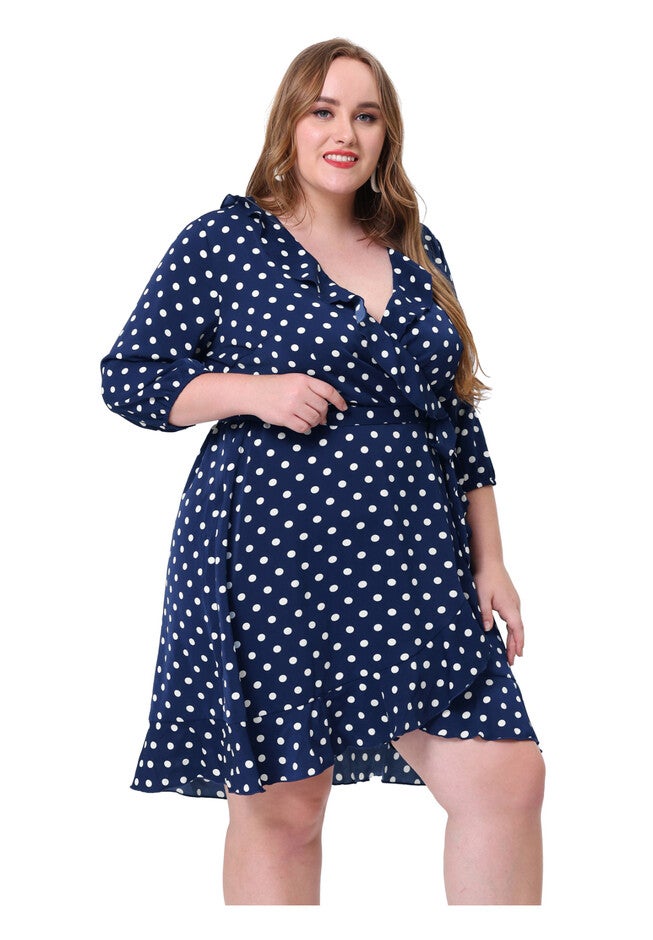 Polka Dots Elegant V Neck 3/4 Sleeve Ruffle Midi Dress, Navy Blue / Navy, hi-res image number null