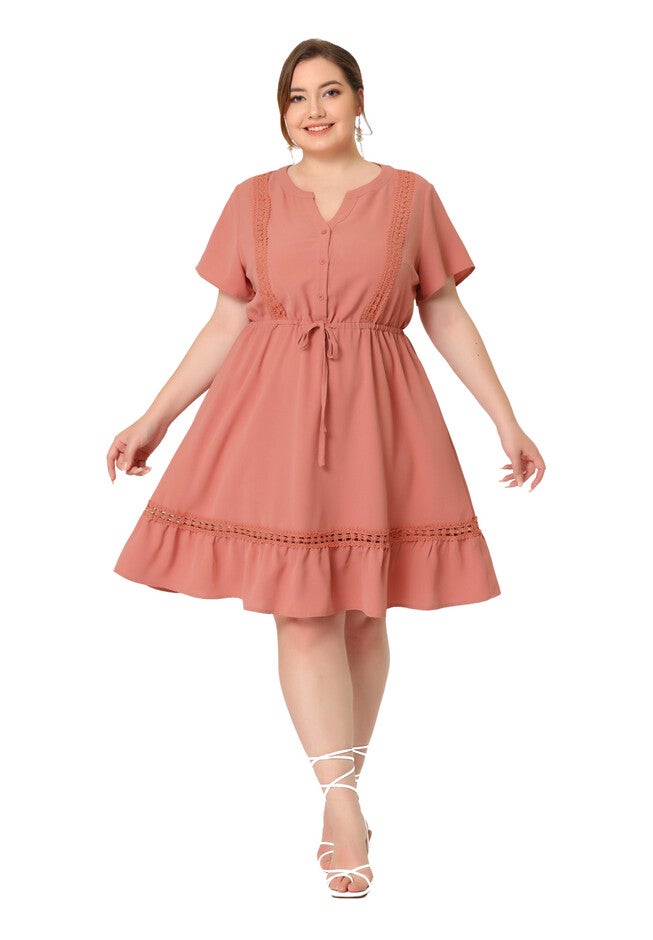 Button V Neck Summer Midi Ruffle A Line Swing Dress, Pink / Pink, hi-res image number 0