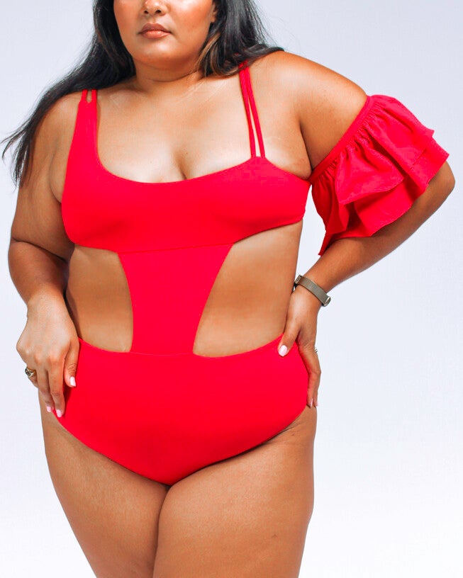 Rafa ruffle sleeve high waisted one piece swimsuit, Red / Red, hi-res image number 0