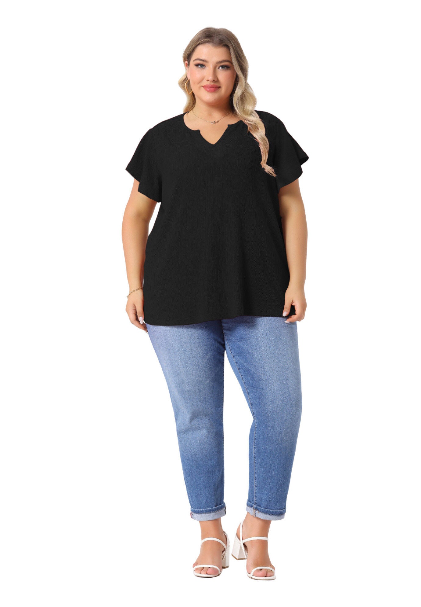 V Neck Ruffle Short Sleeve Summer Blouse, Black / Black, hi-res image number 0