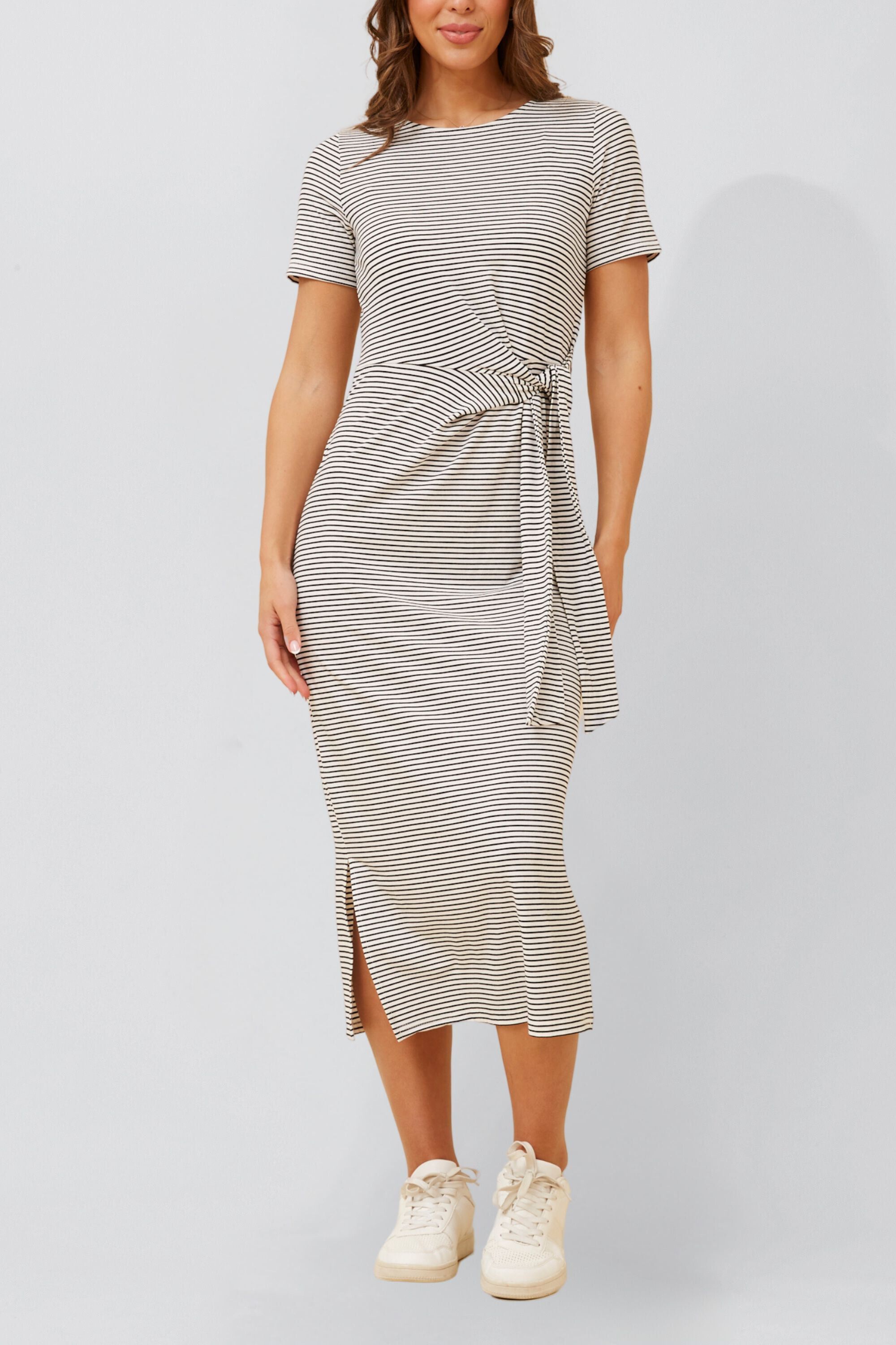 Annick - Brianna Midi Dress Striped Print, Black / Black, hi-res image number 0