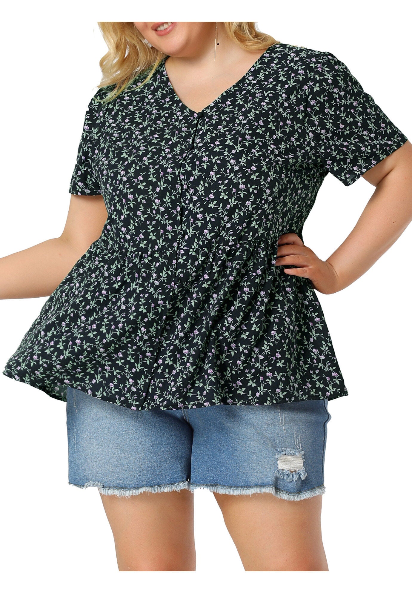 Chiffon Shirt V Neck Ruffle Short Sleeve Floral Peplum Top, Navy / Navy, alternate image number 2