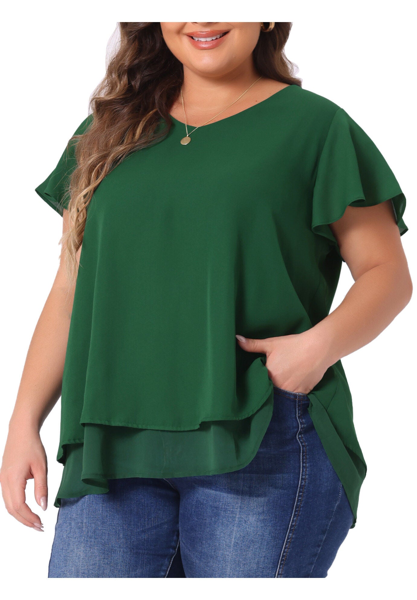 Summer Top Ruffle Short Sleeve V Neck Double Layered Hem Chiffon Blouse, Green / Forest Green, alternate image number 1