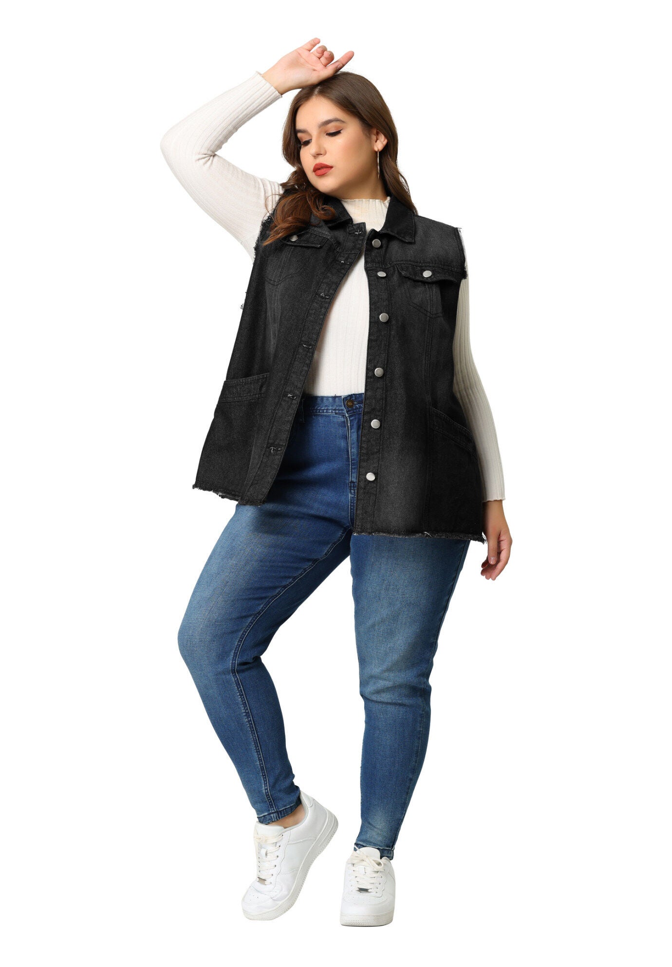 BUTTON FRONT LAPEL FRAYED WASHED SLEEVELESS LONG DENIM VEST, Black / Black, hi-res image number 0