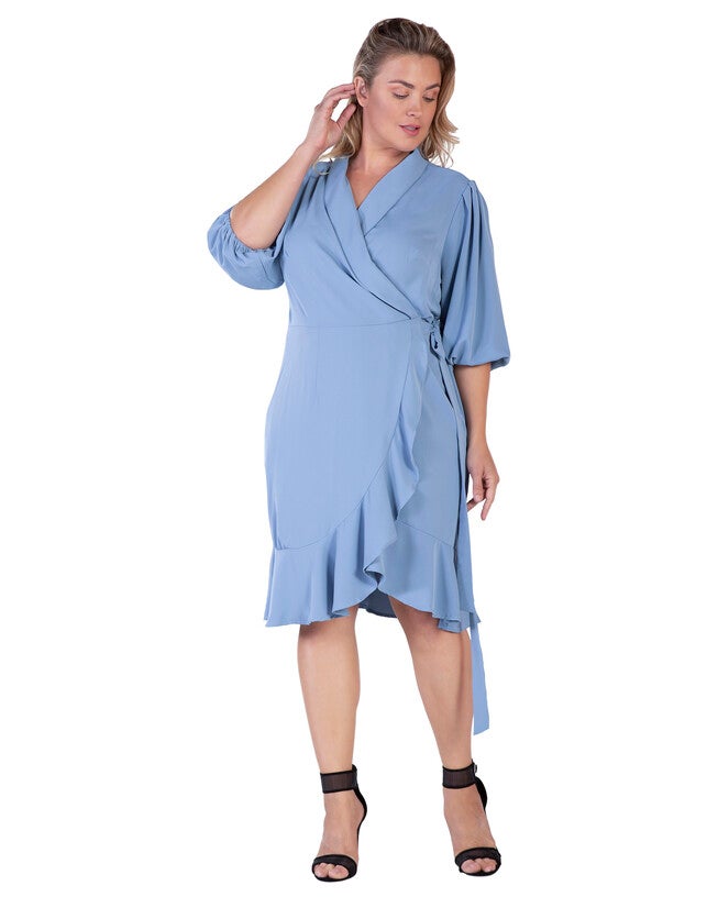 Kylie Double Georgette Dusty Pink Ruffles Wrap Midi Dress, Slate / Light Blue, alternate image number 1