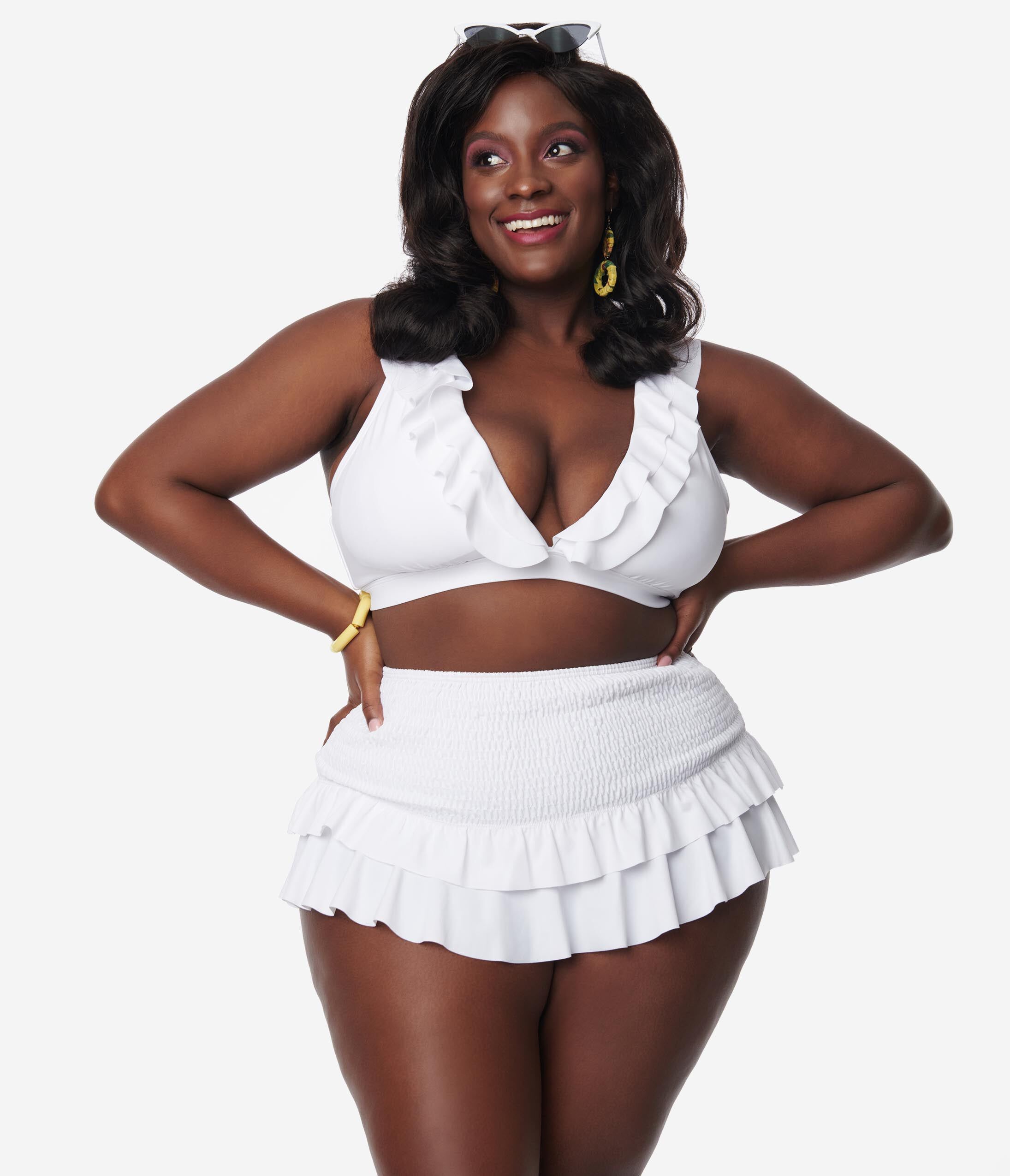 White Ruffle Halter Swim Top, White / White, alternate image number 2