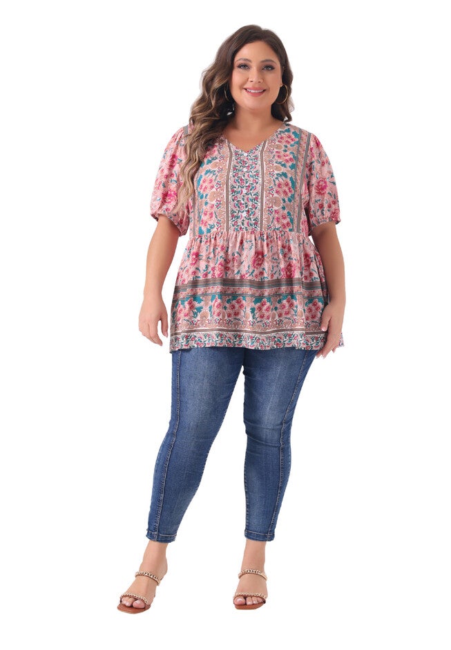 Boho Floral Print V Neck Short Sleeve Peplum Loose Blouse, Pink / Pink, hi-res image number 0