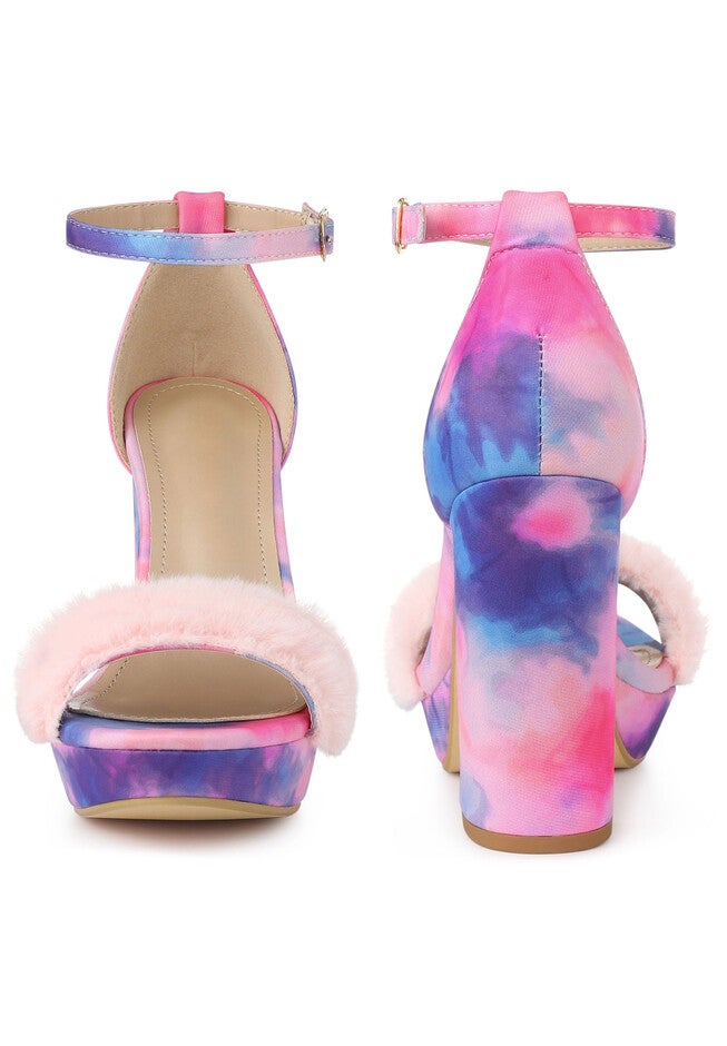 Tie Dye Faux Fur Chunky Heels Platform Sandals, Hot Pink / Pink, alternate image number null
