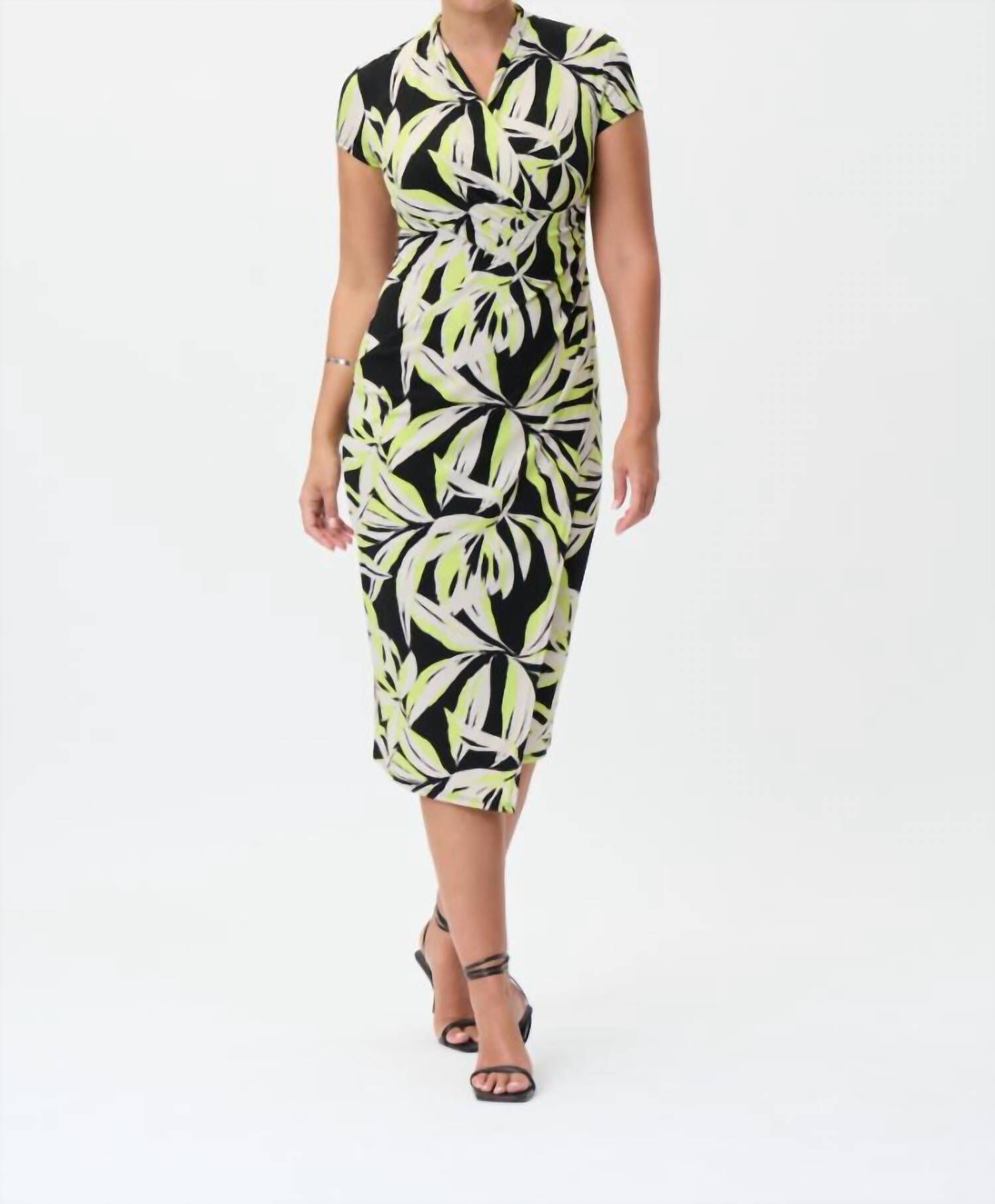 LEAF PRINT WRAP STYLE DRESS IN BLACK/MULTI, BlackMulti / Black, hi-res image number 0