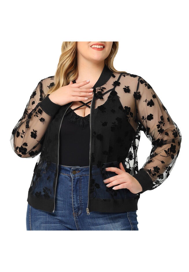SHEER FLORAL LACE LONG SLEEVE BASEBALL JACKET, Black / Black, alternate image number 1