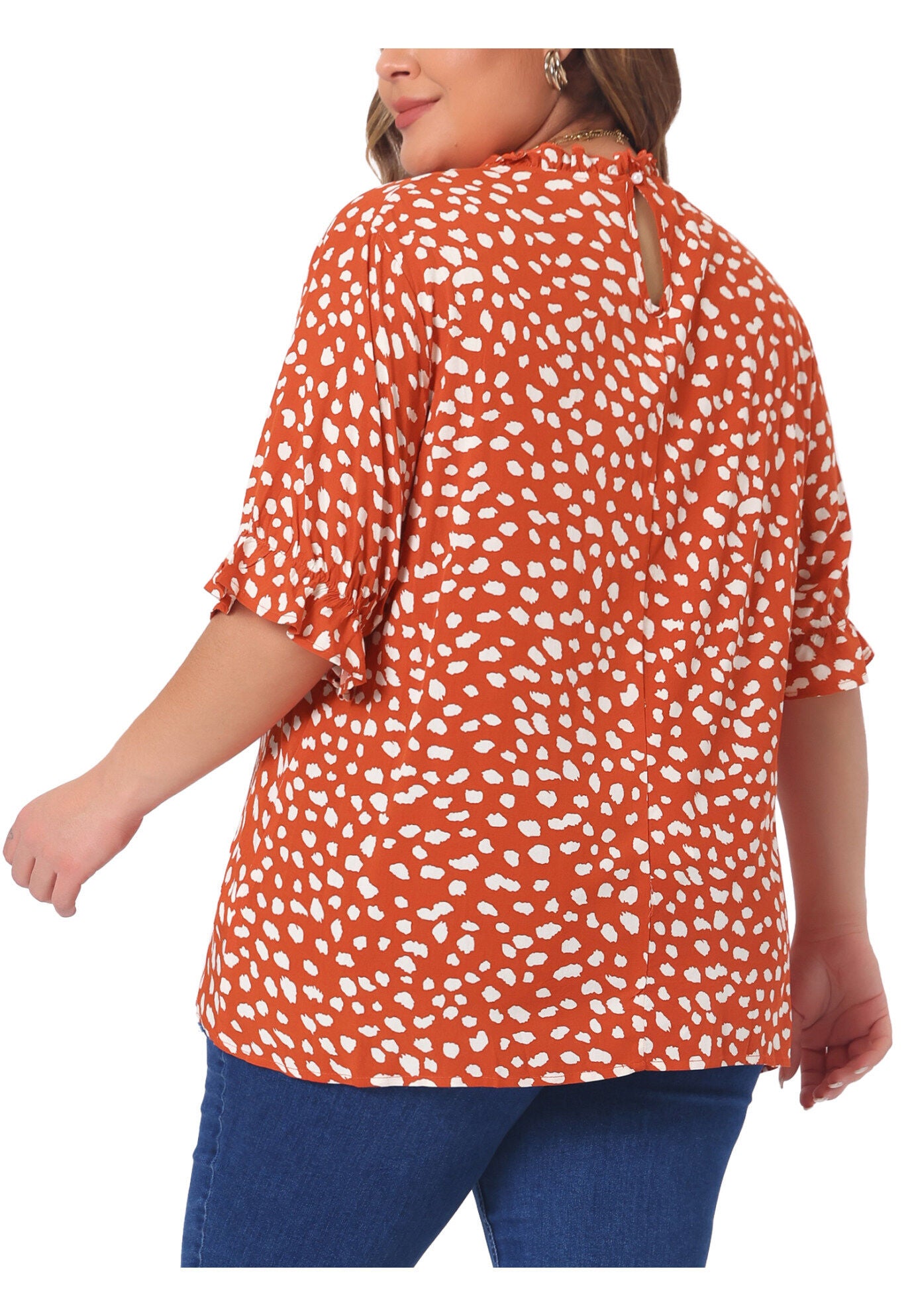 Polka Dots Printed Short Sleeve Ruffle Mock Neck Blouse, Orange / Orange, alternate image number 3