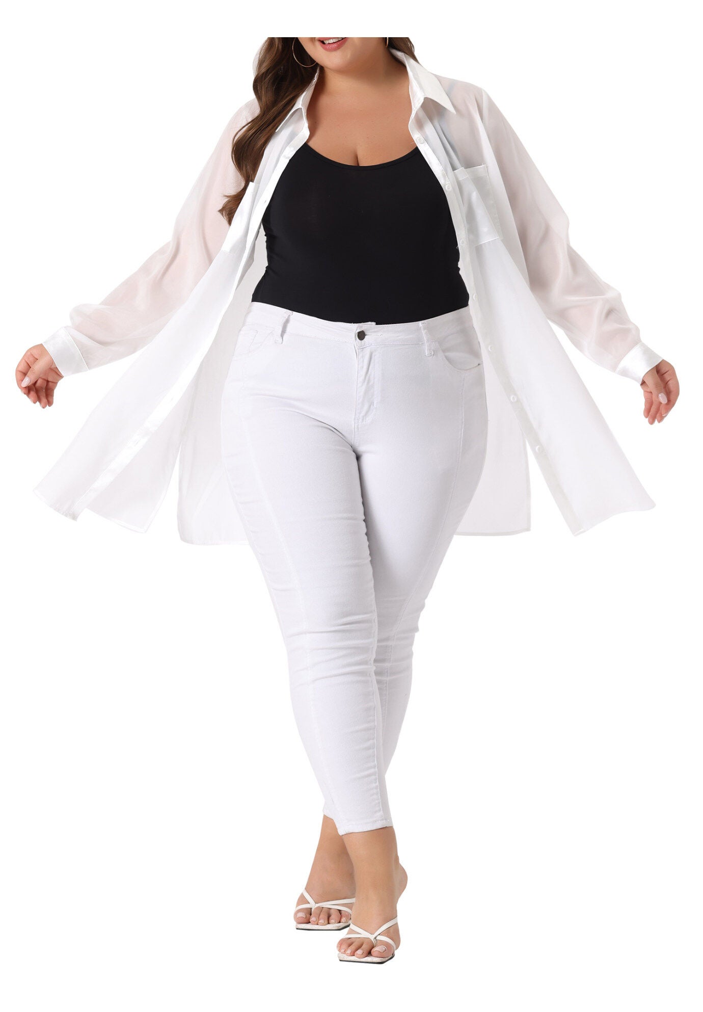 LONG SLEEVE BUTTON DOWN SOLID SHEER SHIRT TOP, White / White, alternate image number 2