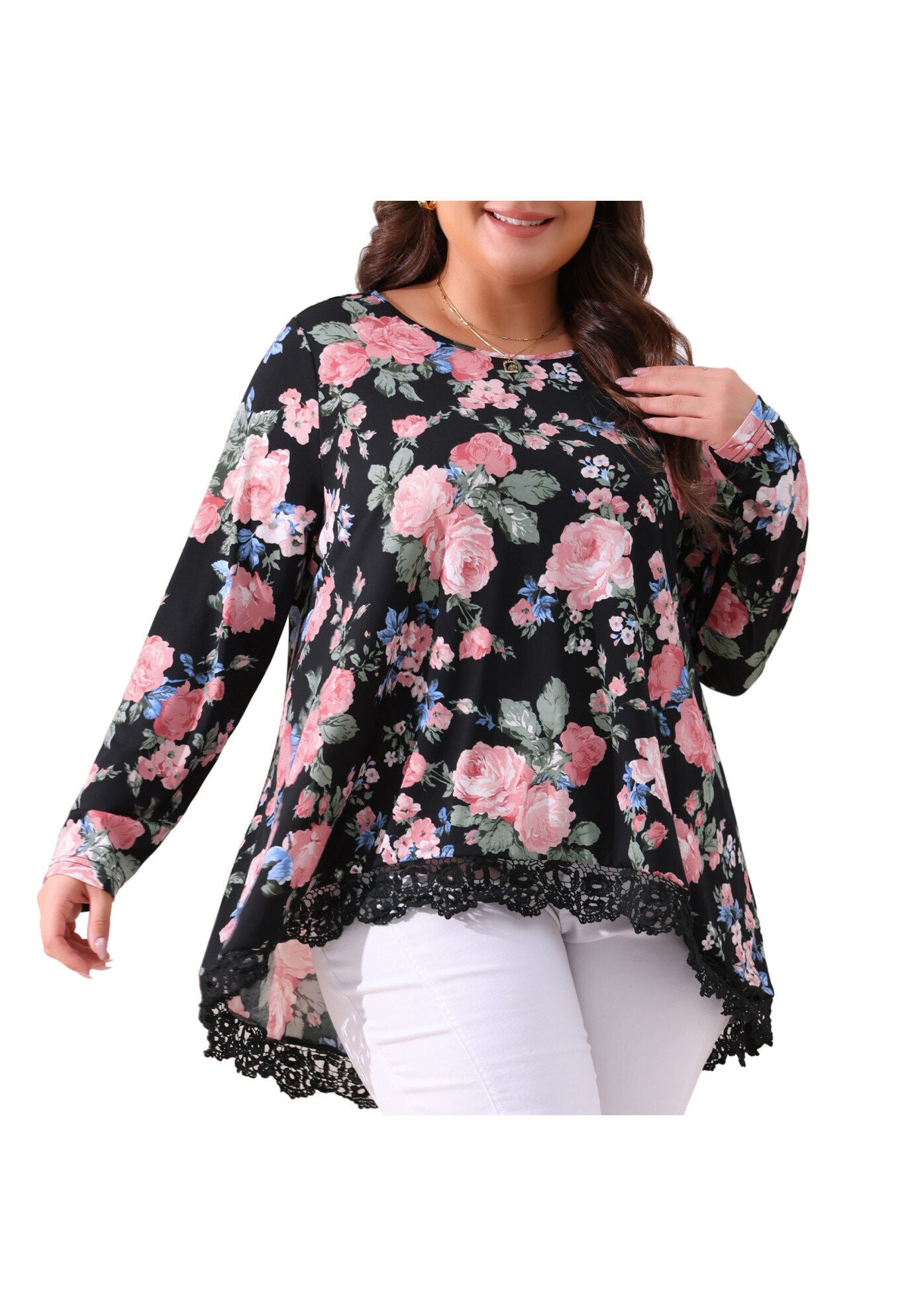 Crew Neck A-Line High Low Hem Floral Blouse, Black / Black, alternate image number 2
