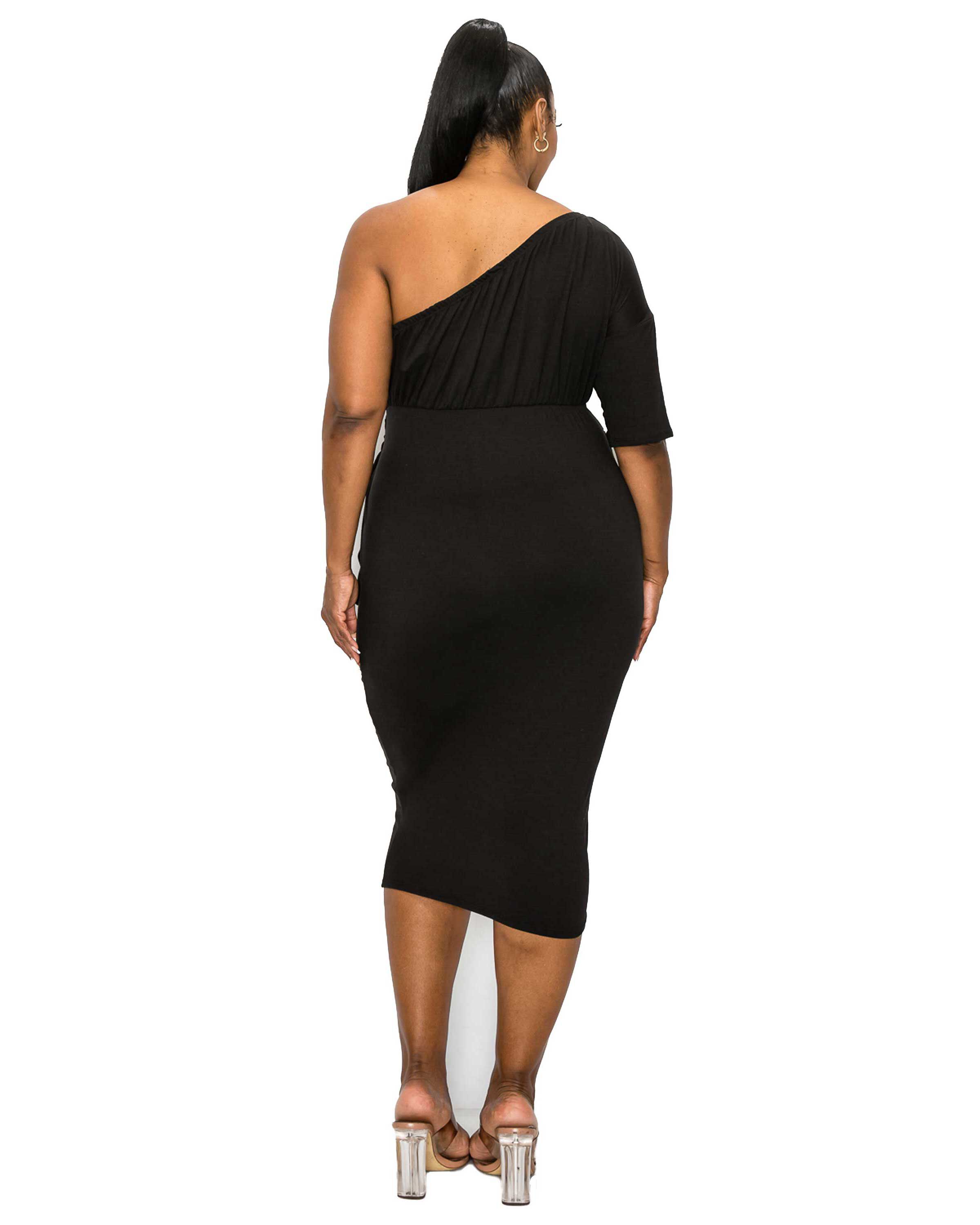 CHEYENNE ONE SHOULDER MIDI DRESS, Black / Black, alternate image number 2