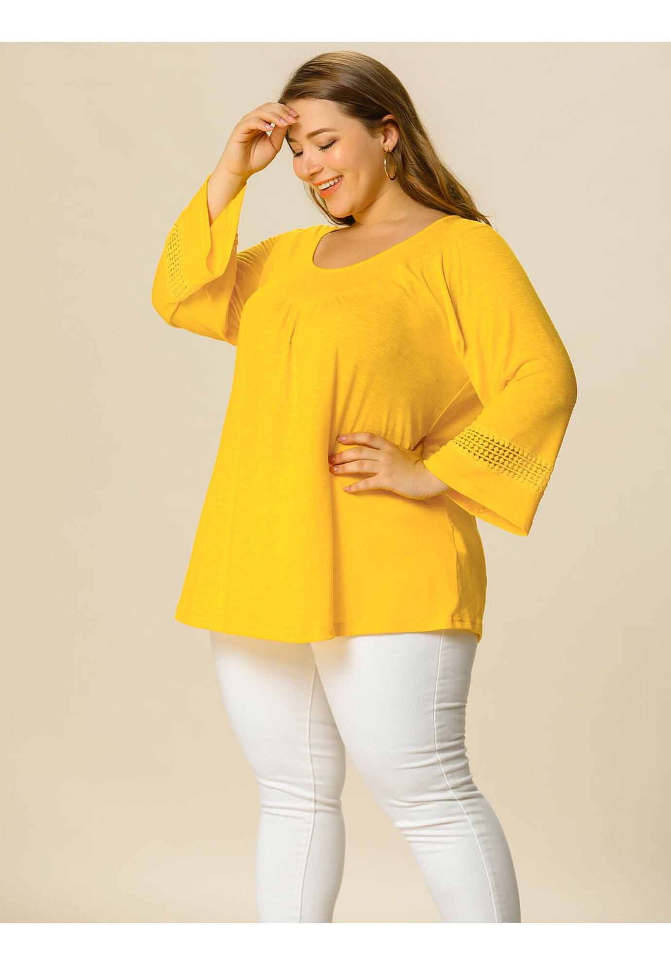 CROCHET PANEL HOLLOW OUT PLEATED TUNICS BLOUSE TOP, Yellow / Yellow, alternate image number 3