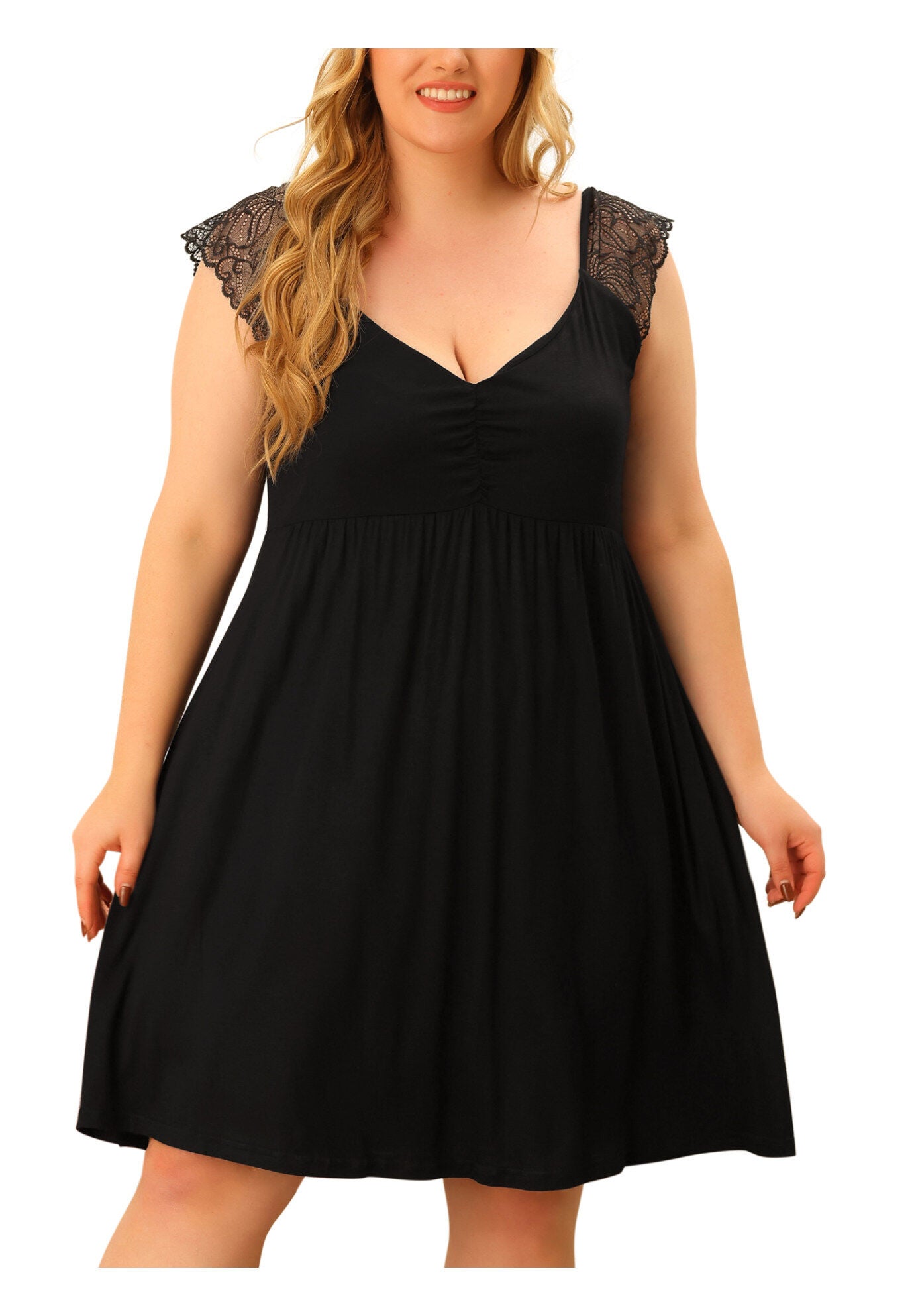 V NECK LACE CAP SLEEVE SLEEP DRESS, Black / Black, alternate image number 2