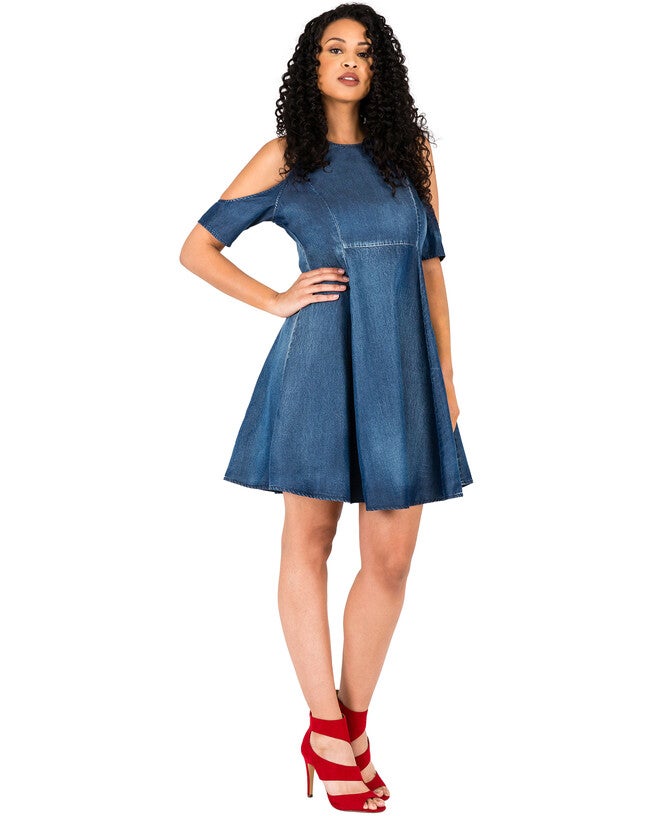 Lauren Cold Shoulder Flare Mini Tencel Dress, Blue / Dark Wash, alternate image number null