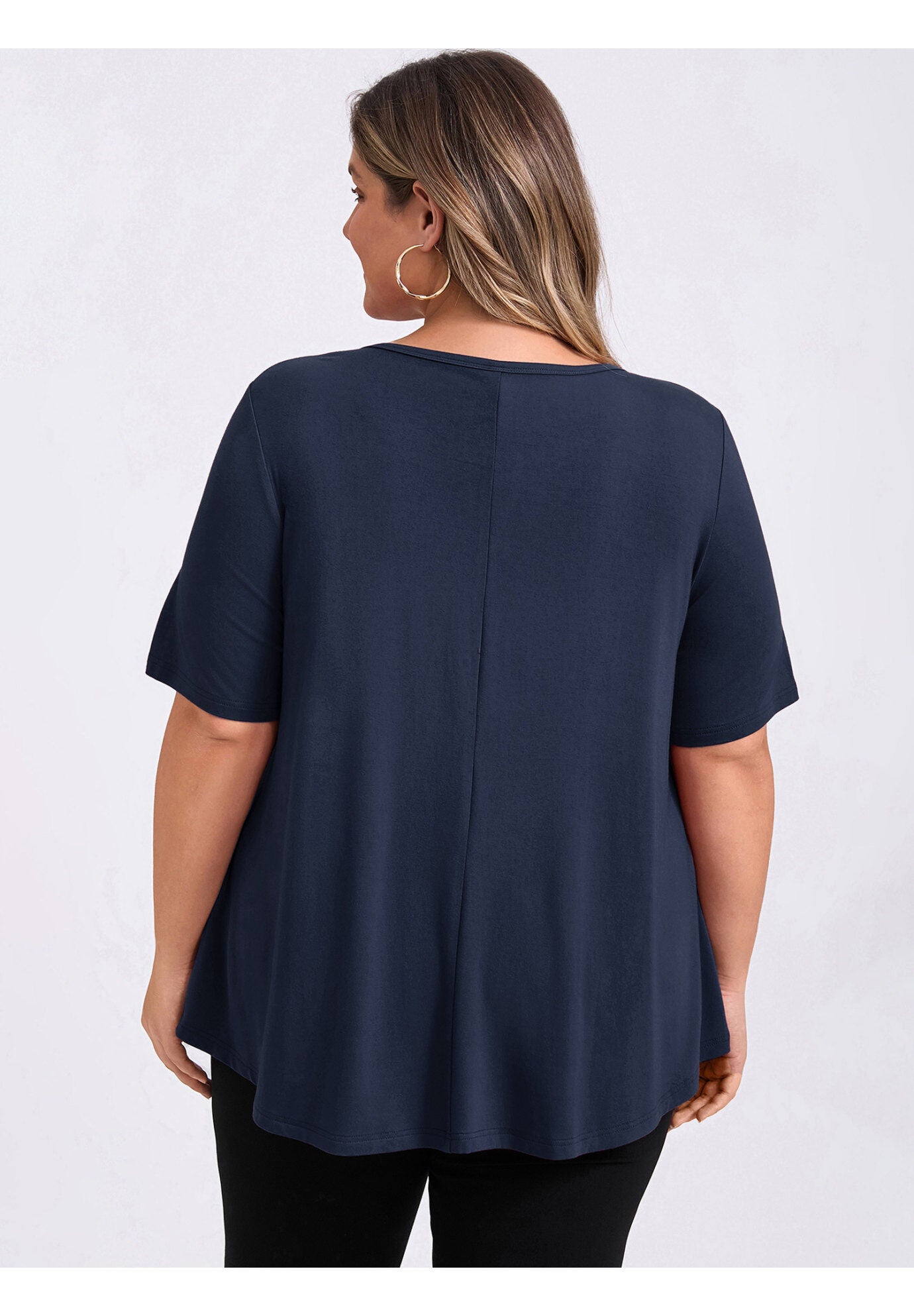 Knit Keyhole V Neck Short Sleeve Swing Tunic Blouse, Navy Blue / Navy, alternate image number 2