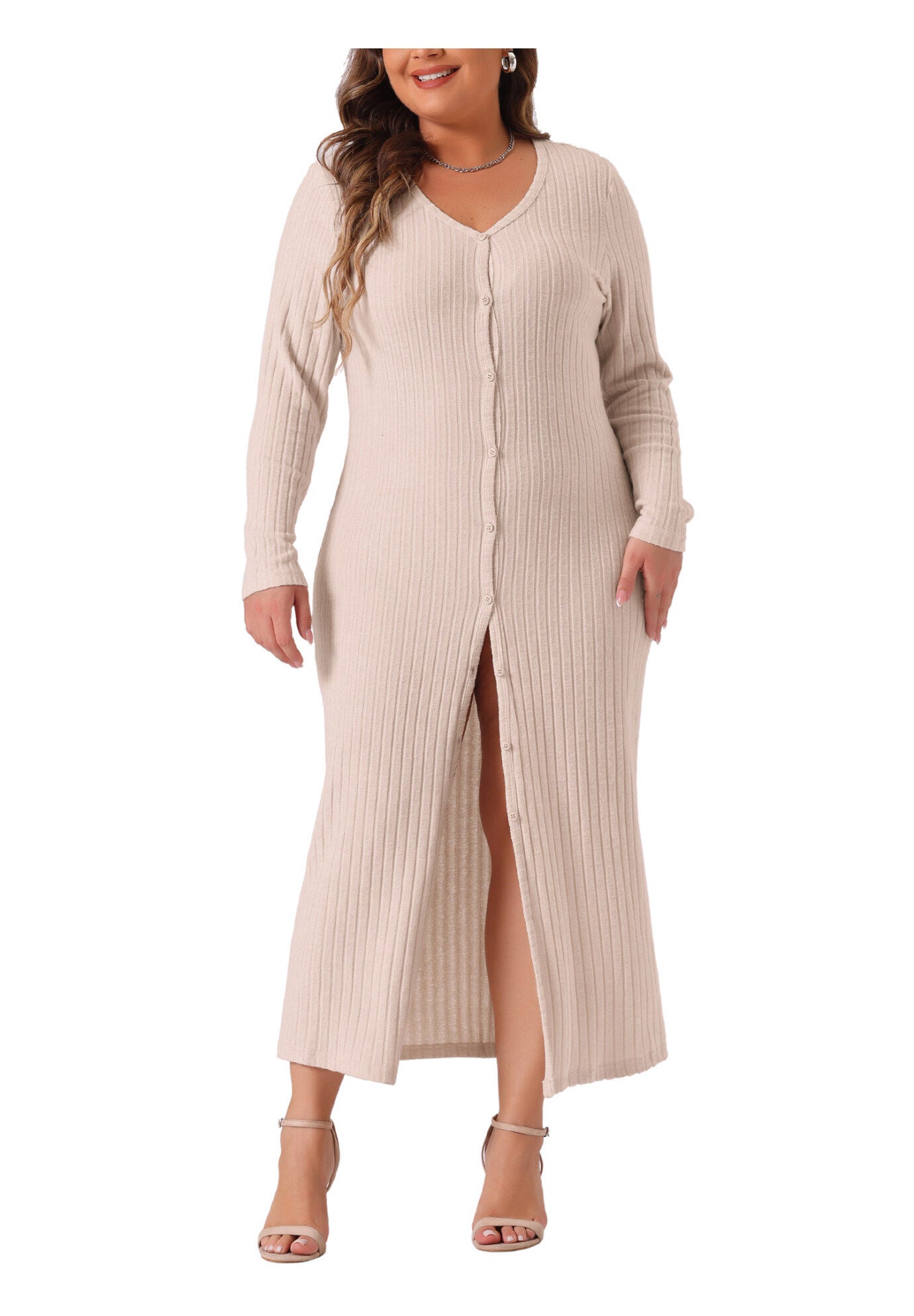 V Neck Long Sleeve Ribbed Knit Button Down Bodycon Dress, Apricot / Cream, alternate image number 3